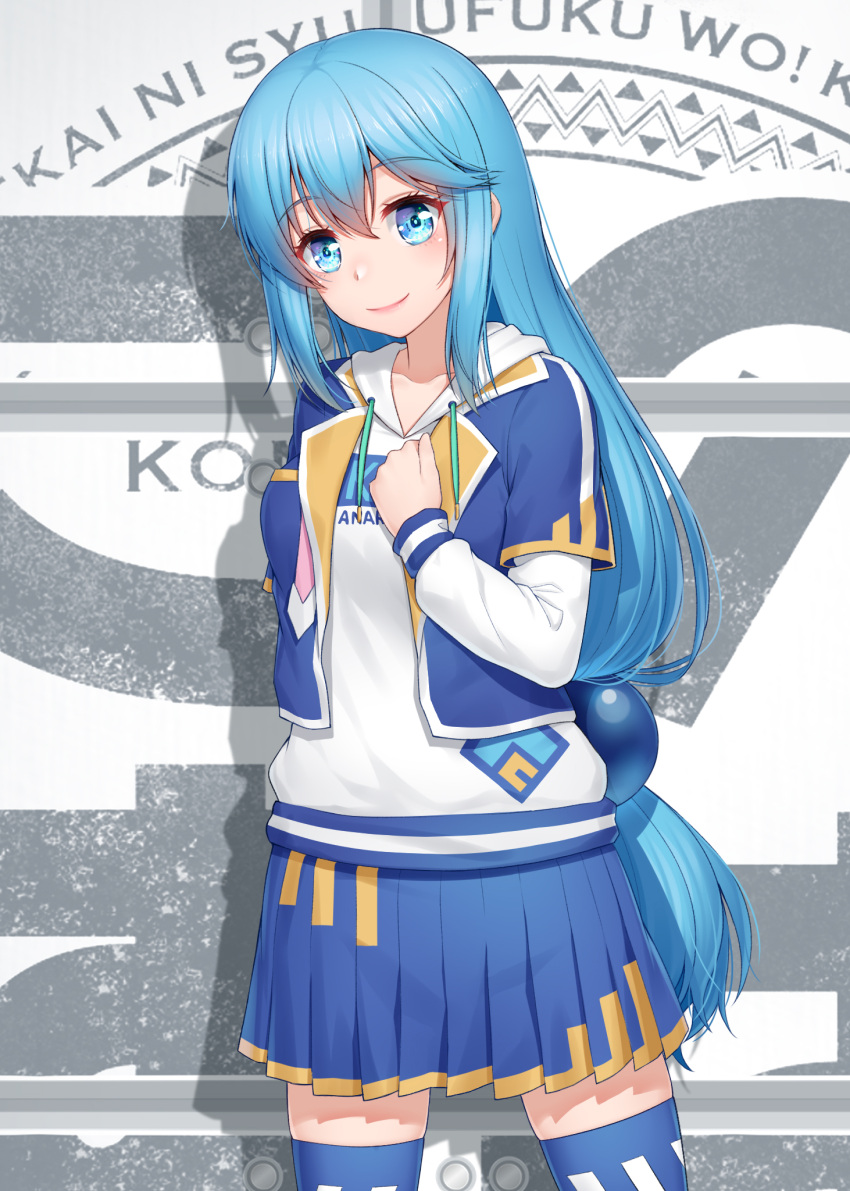 1girl alternate_costume alternate_hairstyle anarchojs aqua_(konosuba) arm_behind_back bangs blue_eyes blue_hair blue_jacket blue_legwear collarbone commentary_request cowboy_shot eyebrows_visible_through_hair grey_background hand_up highres hood hood_down hoodie jacket kono_subarashii_sekai_ni_shukufuku_wo! layered_sleeves long_hair long_sleeves orange_skirt pleated_skirt short_over_long_sleeves short_sleeves skirt smile solo standing thighhighs two-tone_skirt white_background white_hoodie white_legwear zettai_ryouiki