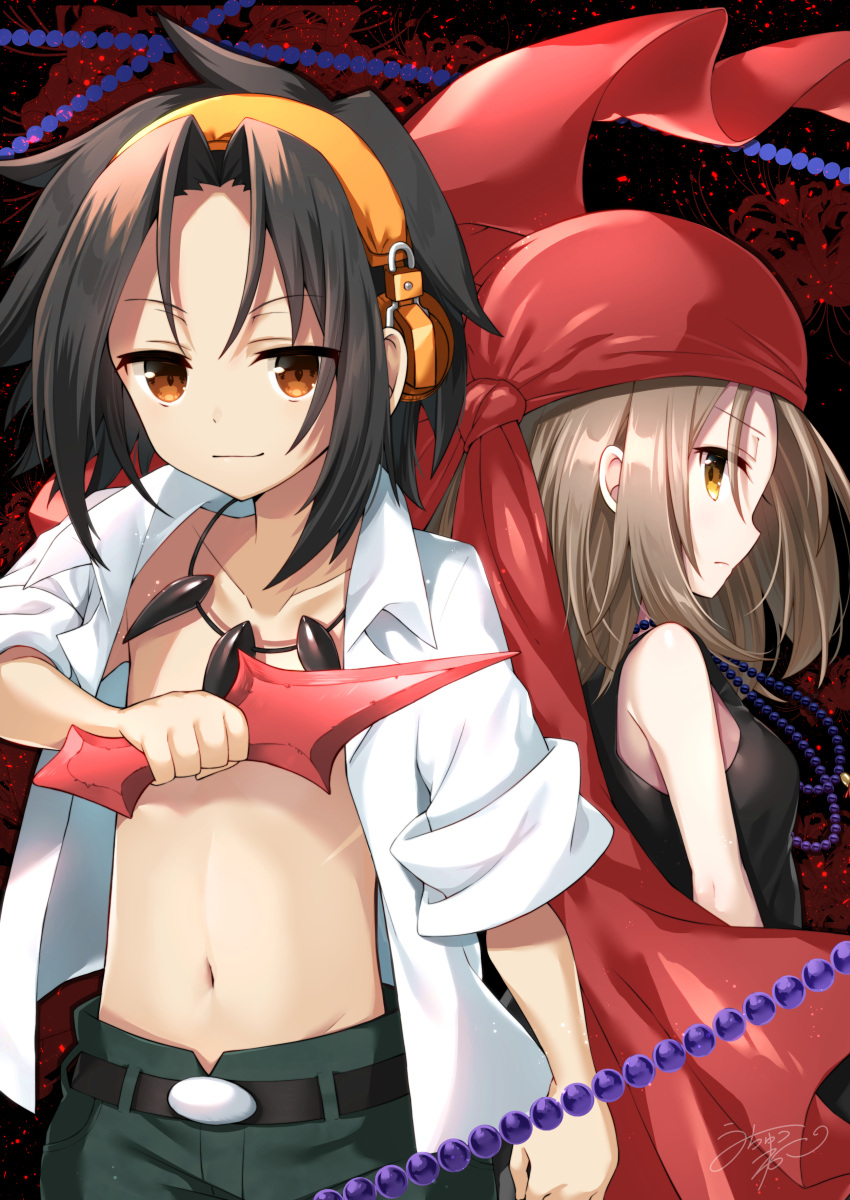 1boy 1girl absurdres asakura_you bandana bangs bare_shoulders bead_necklace beads black_hair black_shirt breasts brown_eyes brown_hair closed_mouth collarbone collared_shirt commentary_request eyebrows_visible_through_hair green_pants headphones highres jewelry kyouyama_anna looking_at_viewer looking_back navel necklace open_clothes open_shirt pants parted_bangs profile shaman_king shirt short_sleeves signature sleeveless sleeveless_shirt small_breasts smile uchuuneko white_shirt