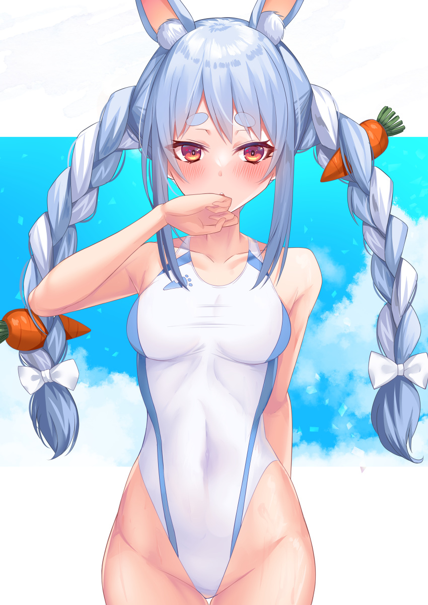 1girl absurdres animal_ear_fluff animal_ears arm_behind_back arm_up armpits bangs bare_arms bare_shoulders blue_hair blue_sky blush bow breasts bunny_ears carrot_hair_ornament collarbone commentary_request competition_swimsuit covered_navel cowboy_shot day eyebrows_visible_through_hair food_themed_hair_ornament groin hair_bow hair_ornament highleg highleg_swimsuit highres hololive looking_at_viewer multicolored_hair one-piece_swimsuit open_mouth outdoors red_eyes sky small_breasts solo swimsuit thick_eyebrows thigh_gap two-tone_hair usada_pekora virtual_youtuber white_bow white_hair white_swimsuit yoshiheihe