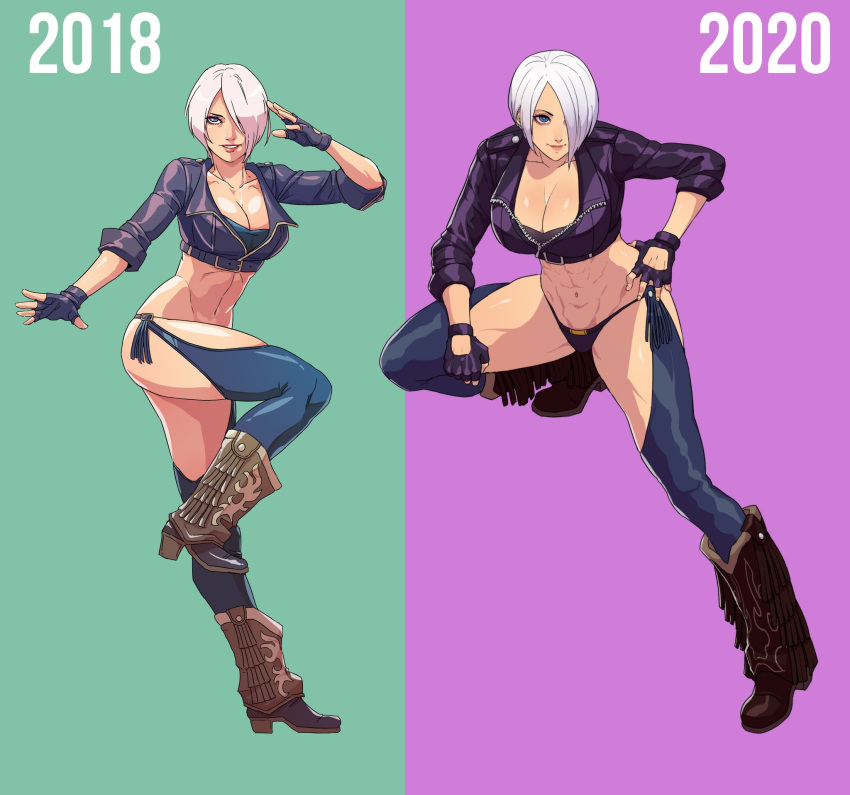 angel_(kof) blue_eyes boots breasts cirenk cleavage cowboy_boots gloves highres jacket large_breasts mexican navel panties smile the_king_of_fighters underwear white_hair