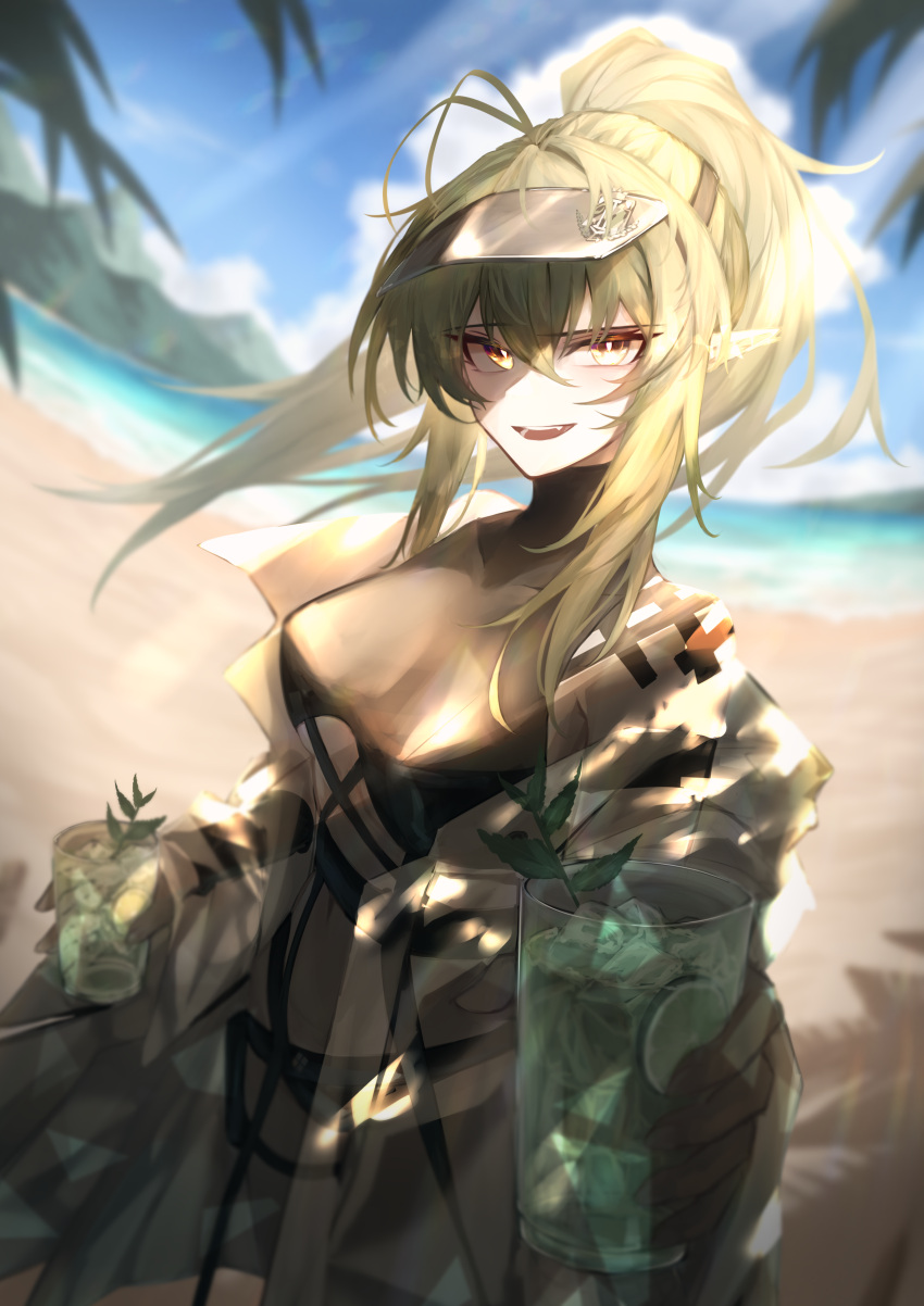 1girl absurdres antenna_hair arknights beach bikini black_bikini breasts commentary cup drinking_glass gavial_(arknights) green_hair highleg highleg_bikini highres holding holding_cup incoming_drink jacket long_hair long_legs long_sleeves looking_at_viewer medium_breasts navel off_shoulder official_alternate_costume open_clothes open_jacket open_mouth orange_eyes outdoors ozeu0916 pointy_ears ponytail see-through shadow sidelocks smile solo standing swimsuit thigh_strap thighs underboob visor_cap white_jacket
