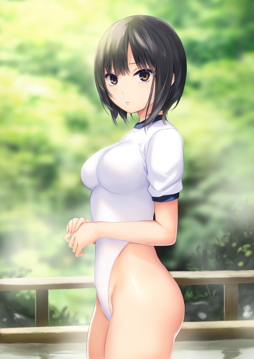 1girl aoyama_sumika black_hair blurry brown_eyes coffee-kizoku commentary_request cowboy_shot depth_of_field highleg highleg_leotard highres leotard looking_at_viewer original parted_lips railing short_hair solo standing thong_leotard water white_leotard