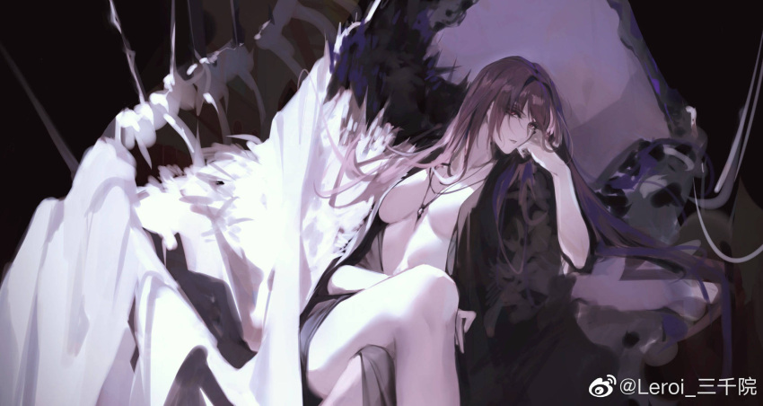 1girl bad_id bad_link bare_legs black_background bone breasts center_opening coat crossed_legs fate/grand_order fate_(series) hand_on_own_cheek hand_on_own_face highres long_hair looking_at_viewer necktie purple_eyes purple_hair reroi scathach_(fate) scathach_(fate)_(all) sitting solo very_long_hair watermark