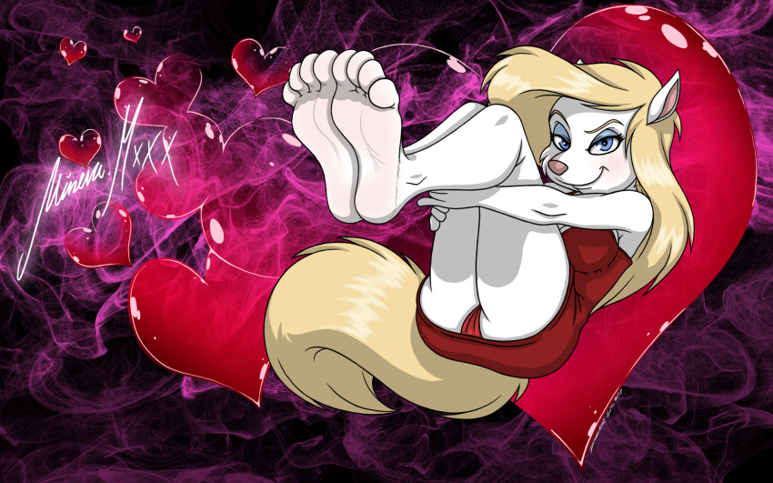 2018 4_toes animaniacs anthro blonde_hair clothing dazidentevil dress feet female foot_focus fur hair mammal minerva_mink mink mustelid panties toes underwear warner_brothers white_fur