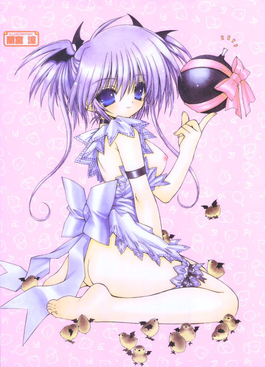 absurdres apron ass barefoot bird blue_eyes bomb bow breasts chick choker copyright_request feet garters hair_ornament head_wings highres kneeling medium_breasts naked_apron nipples purple_hair ramiya_ryou ribbon scan sitting smile soles solo too_many too_many_chicks wariza