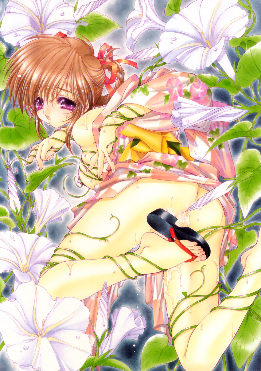absurdres breasts brown_hair copyright_request feet flower geta highres japanese_clothes kimono large_breasts morning_glory no_bra no_panties plant plant_sex purple_eyes pussy_juice ramiya_ryou sandals sweat tentacle_sex tentacles tentacles_under_clothes toenails toes vines
