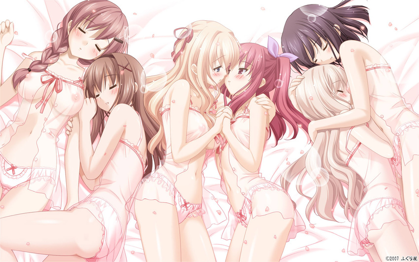 ass babydoll bed black_hair blonde_hair blue_eyes blush braid breasts brown_hair closed_eyes couple hairband holding_hands hug incest interlocked_fingers kawamura_reo kitajima_kaede kitajima_sara large_breasts lingerie long_hair matsubara_yuuna medium_breasts multiple_girls nipples oda_nanami panties peko petals red_eyes red_hair sawaguchi_mai see-through short_hair sleeping sono_hanabira_ni_kuchizuke_wo twintails underwear wallpaper yuri