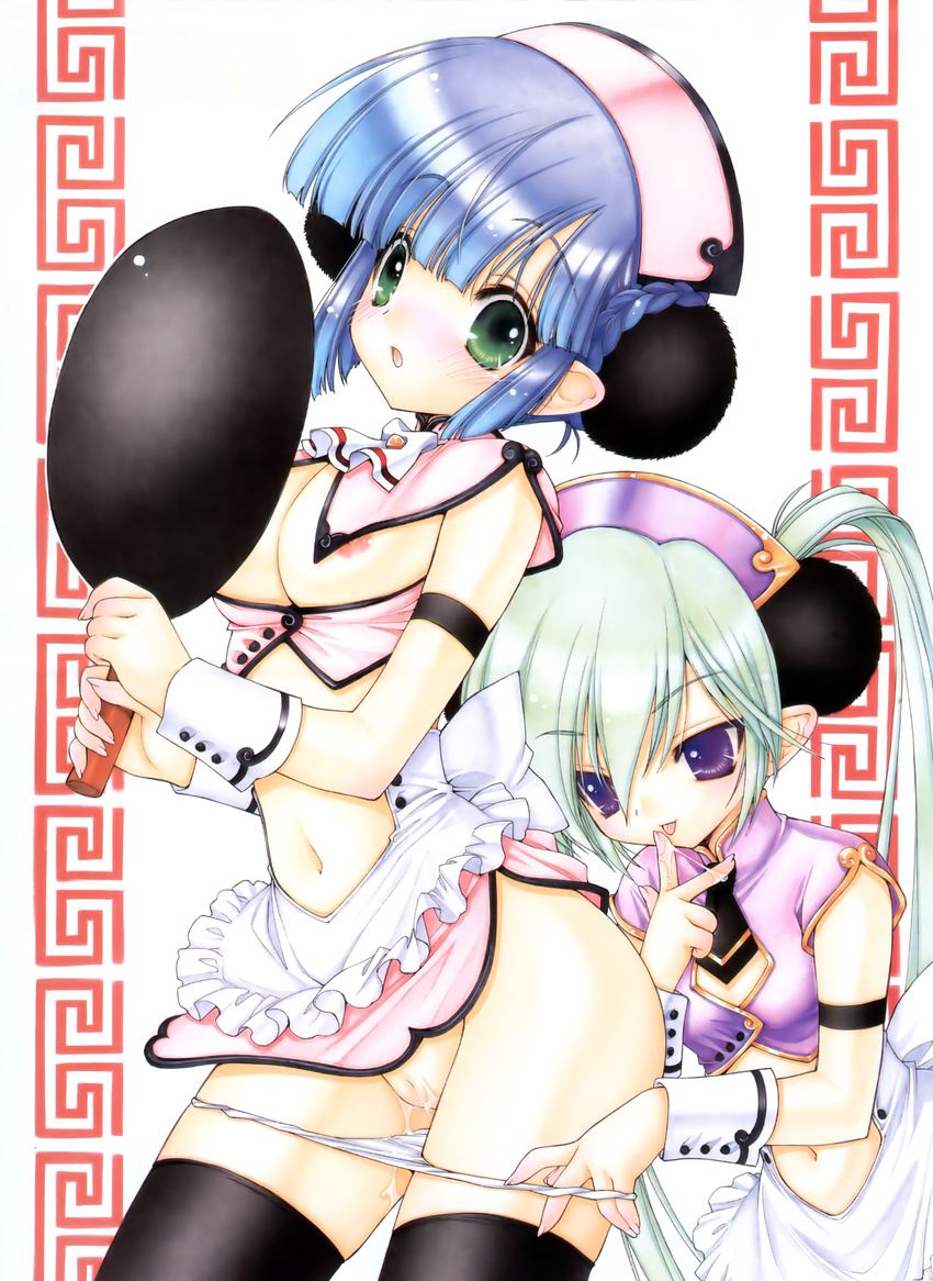 absurdres apron blue_hair bow braid breasts copyright_request frying_pan green_eyes green_hair highres licking maid midriff multiple_girls necktie nipples no_bra panties panty_pull pointy_ears purple_eyes pussy pussy_juice ramiya_ryou small_breasts thighhighs tongue underwear white_panties wrist_cuffs yuri