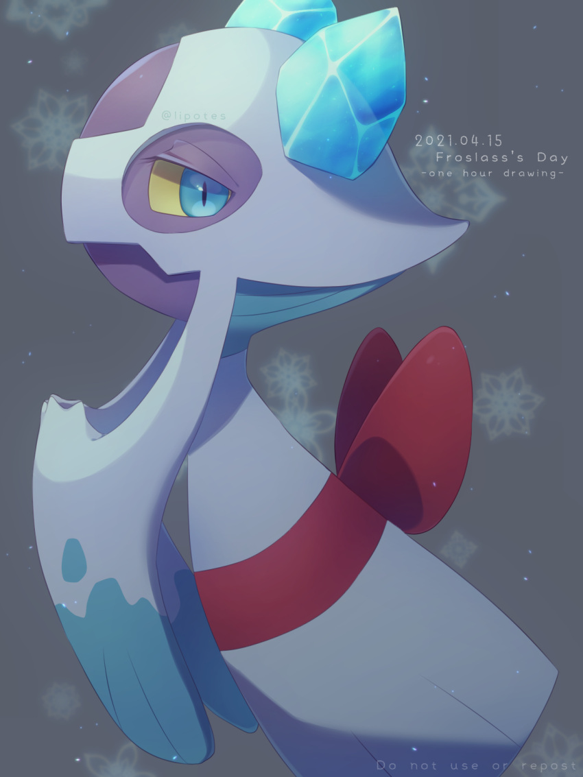 alopias blue_eyes closed_mouth colored_sclera commentary_request dated from_side froslass gen_4_pokemon grey_background highres looking_at_viewer no_humans one-hour_drawing_challenge pokemon pokemon_(creature) sideways_glance snowflakes solo yellow_sclera