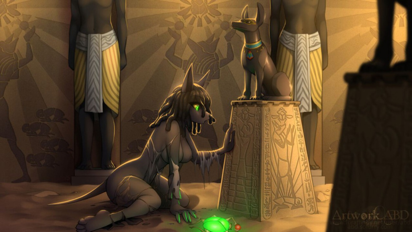 abluedeer after_transformation anput anthro anubian_jackal artifact black_body black_nose canid canine canis dreadlocks female green_eyes hieroglyphics invalid_tag jackal mammal nude relic sand sculpture solo statue tagme treasure
