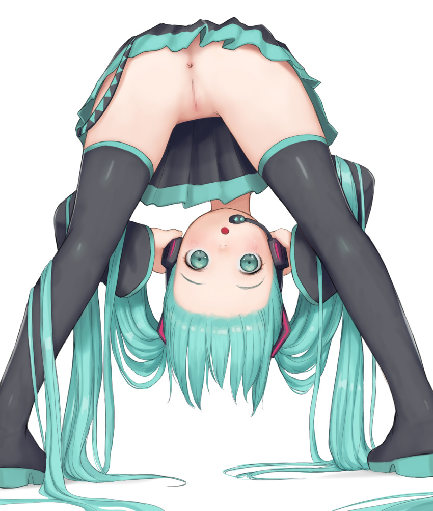 1girl anus ass bent_over black_footwear black_legwear black_skirt black_sleeves boots censored eyebrows forehead from_behind full_body green_eyes green_hair hands_on_headphones hatsune_miku headset highres kuroshiro00 legs legs_apart long_hair looking_back looking_through_legs mosaic_censoring no_panties open_mouth pussy simple_background skirt solo thigh_boots thighhighs thighs twintails very_long_hair vocaloid white_background