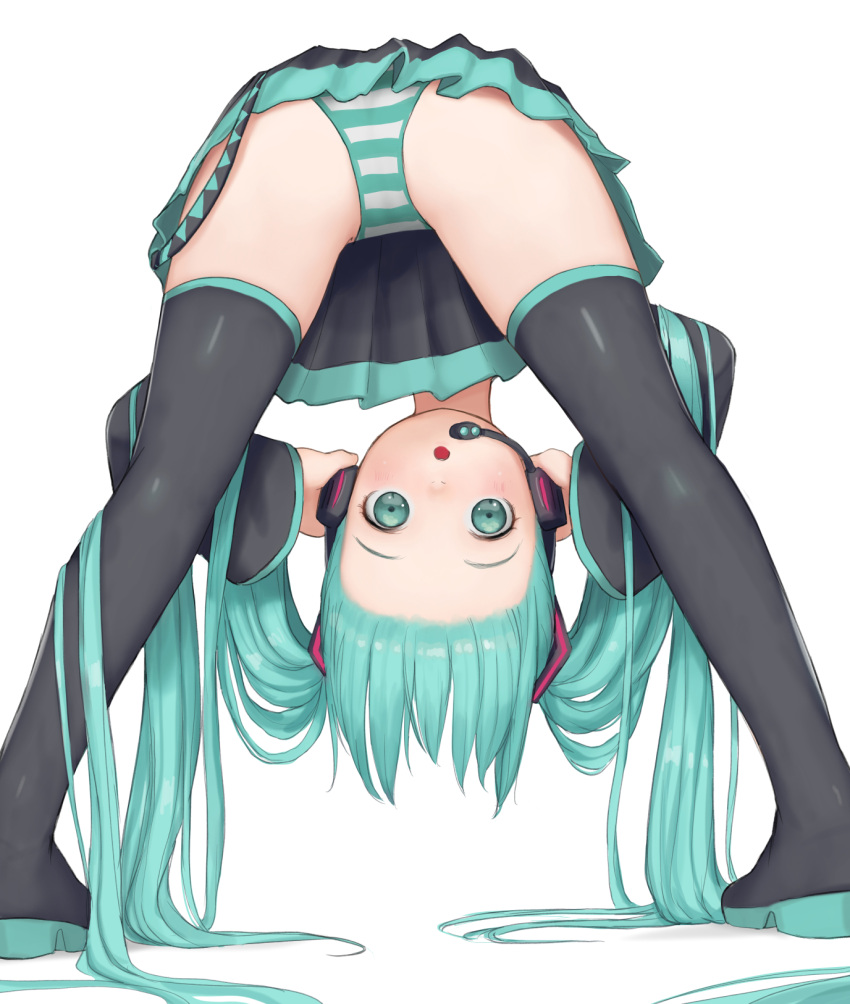 1girl ass bent_over black_footwear black_legwear black_skirt black_sleeves boots eyebrows forehead from_behind full_body green_eyes green_hair hands_on_headphones hatsune_miku headset highres kuroshiro00 legs legs_apart long_hair looking_back looking_through_legs open_mouth panties simple_background skirt solo striped striped_panties thigh_boots thighhighs thighs twintails underwear very_long_hair vocaloid white_background