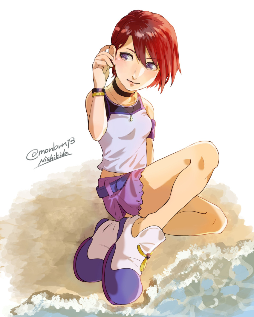 1girl absurdres breasts closed_mouth highres jewelry kairi_(kingdom_hearts) kingdom_hearts kingdom_hearts_i necklace nishikida purple_eyes red_hair short_hair skirt sleeveless smile solo wristband