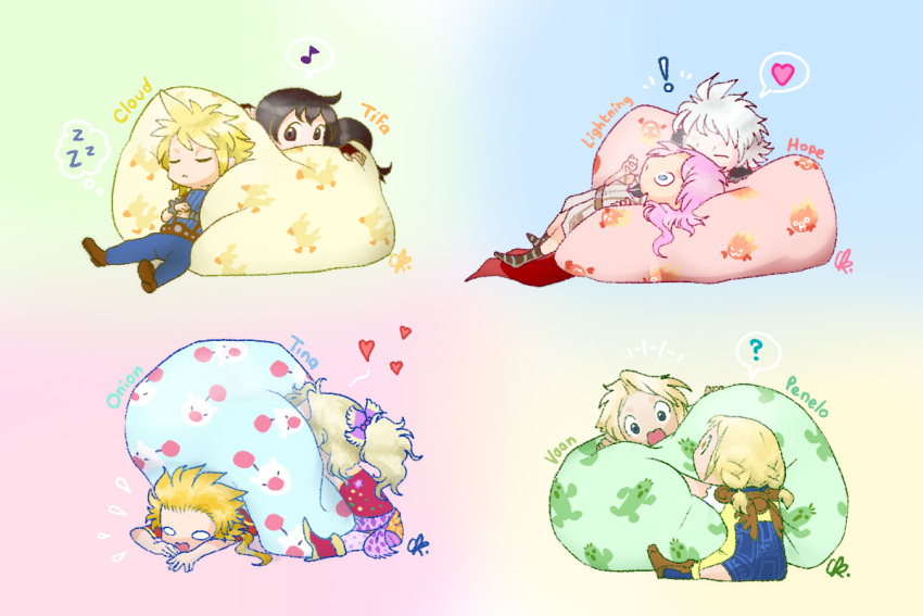 ! 4boys 4girls ? blonde_hair blue_eyes bomb_(final_fantasy) braid brown_eyes brown_hair cape chibi chocobo closed_eyes cloud_strife commentary dissidia_final_fantasy english_commentary eye_contact final_fantasy final_fantasy_iii final_fantasy_vi final_fantasy_vii final_fantasy_xii final_fantasy_xiii flying_sweatdrops heart high_heels hope_estheim lightning_(ff13) lightning_farron long_hair looking_at_another lying moogle multiple_boys multiple_girls musical_note no_pupils o_o on_back onion_knight open_mouth penelo pillow pink_hair ponytail sabotender sitting sleeping spiked_hair tifa_lockhart tina_branford twin_braids twinklelitchii vaan wavy_mouth white_hair wide-eyed zzz