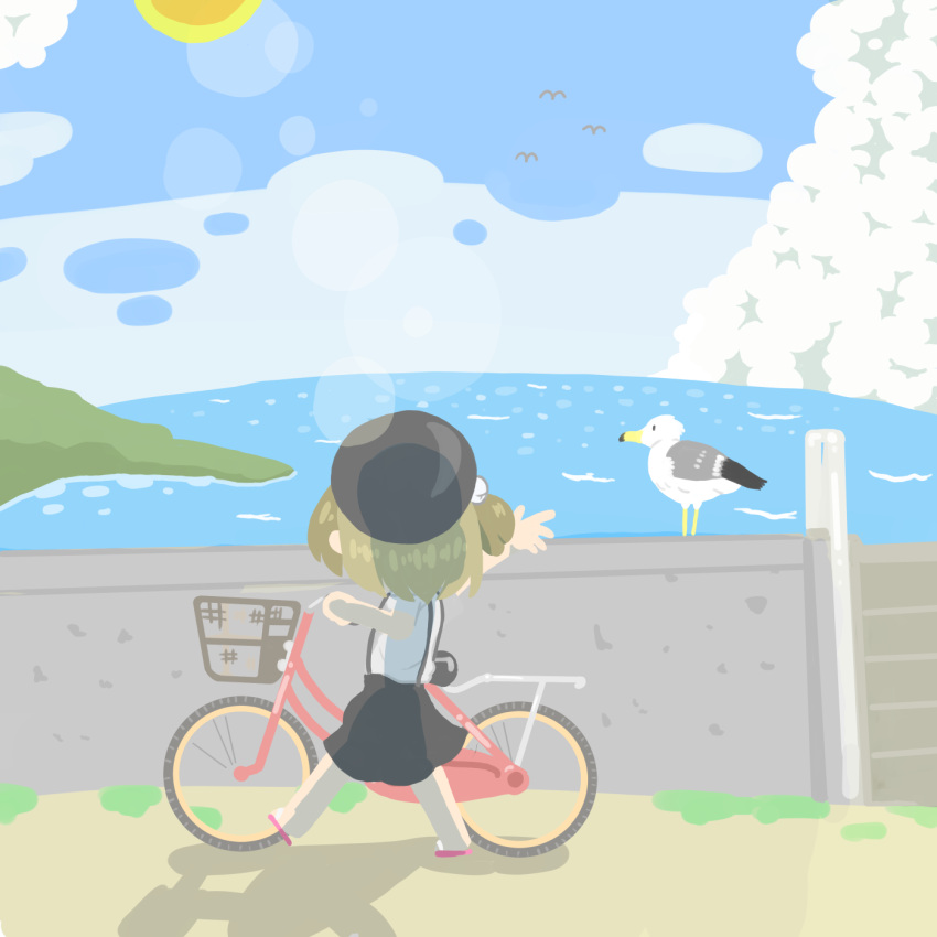 1girl beret bicycle bird black_skirt cloud day from_behind ground_vehicle hat hatoba_tsugu highres ocean outdoors sandals seagull short_hair skirt sky solo summer sun testest tsugu_(vtuber) walking