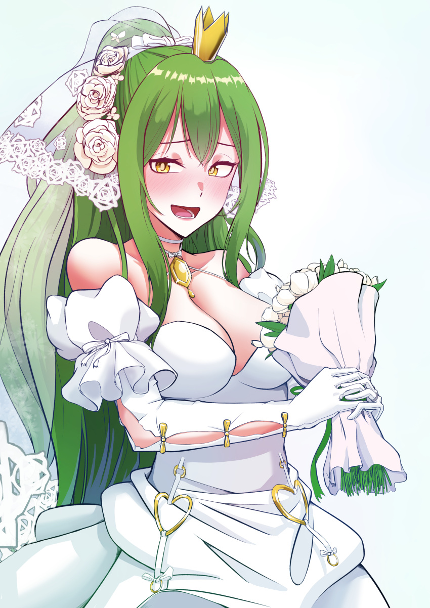 1girl absurdres bangs bare_shoulders blush bouquet breasts bridal_gauntlets bridal_veil bride cleavage crown detached_sleeves dress elbow_gloves flower girls_frontline gloves green_hair hair_between_eyes hair_ornament highres holding holding_bouquet jewelry lamina large_breasts long_hair looking_away m950a_(girls_frontline) mini_crown necklace open_mouth shiny shiny_hair sidelocks simple_background smile solo veil very_long_hair wedding_dress white_background white_dress white_gloves yellow_eyes