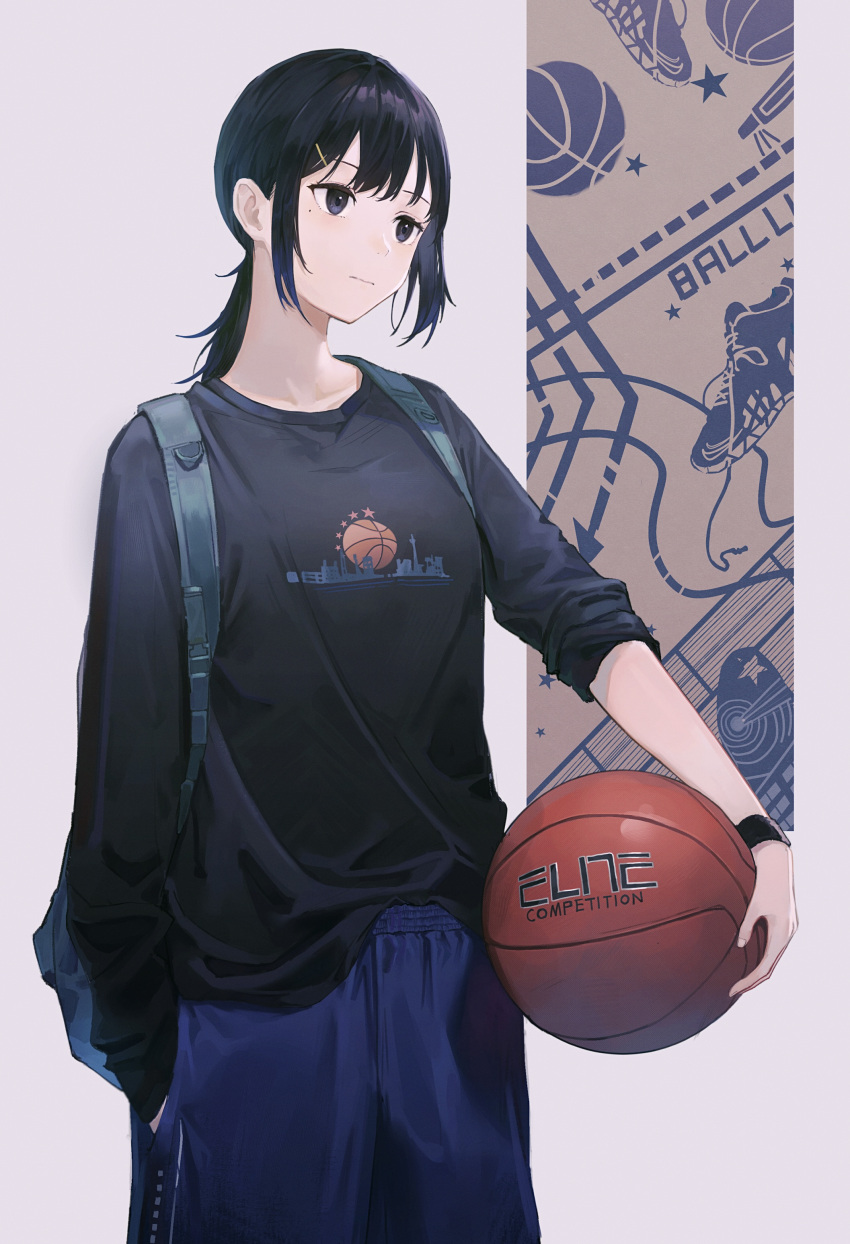 1girl absurdres backpack bag ball bangs basketball black_eyes black_hair black_shirt black_wristband blue_shorts commentary english_text hair_ornament hand_in_pocket highres holding holding_ball long_sleeves medium_hair mole mole_under_eye original ponytail print_shirt shichi_(ratorin53) shirt shorts sidelocks solo symbol-only_commentary wristband