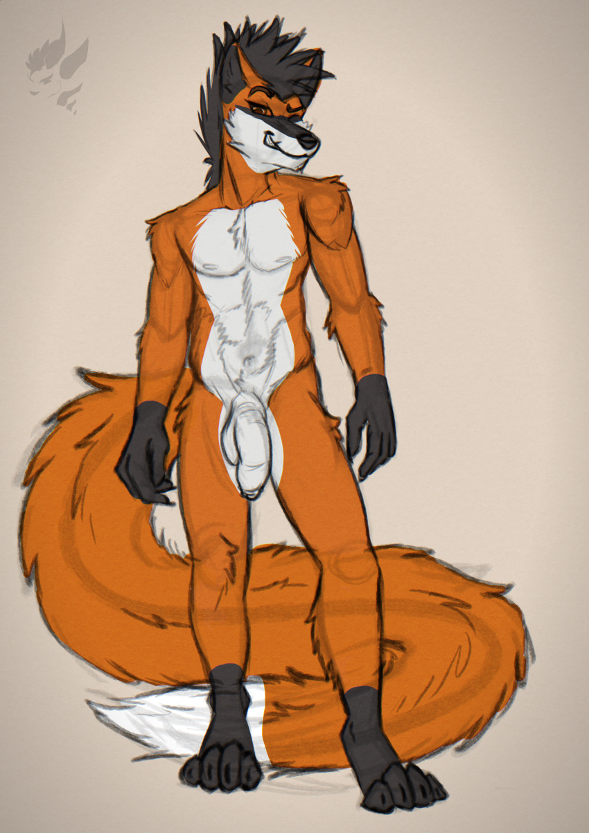 absurd_res anthro balls canid canine drakk_art erwin fox genitals hair hi_res male mammal penis smile solo uncunt