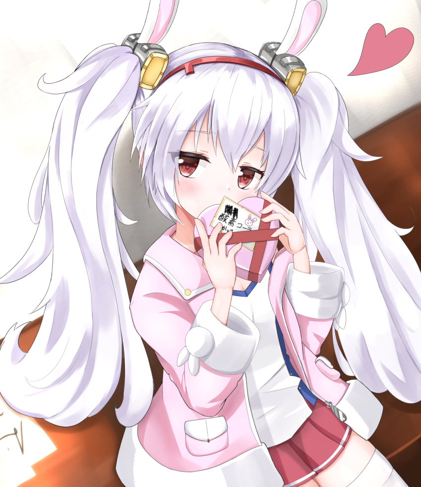 1girl akura_scarlet0495 animal_ears azur_lane bangs brown_eyes bunny_ears candy chocolate chocolate_heart commentary_request covering_mouth eyebrows_visible_through_hair eyes_visible_through_hair fake_animal_ears food hairband head_tilt heart highres holding jacket laffey_(azur_lane) long_hair long_sleeves looking_at_viewer pleated_skirt red_skirt sidelocks skirt solo thighhighs translation_request twintails white_hair zettai_ryouiki