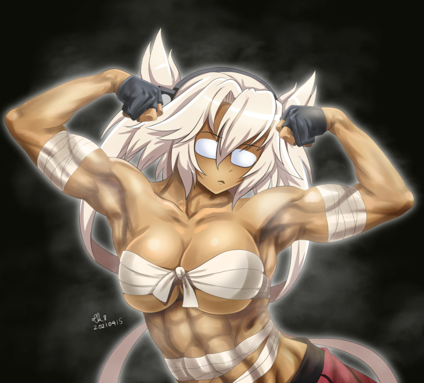 1girl abs artist_name bangs biceps black_background breasts commentary_request dark_skin dark_skinned_female dated flexing glasses gloves hair_between_eyes kantai_collection large_breasts miniskirt musashi_(kancolle) muscular muscular_female partially_fingerless_gloves platinum_blonde_hair pointy_hair pose rectangular_eyewear red_skirt sarashi short_hair_with_long_locks signature simple_background skirt solo tk8d32 twintails two_side_up