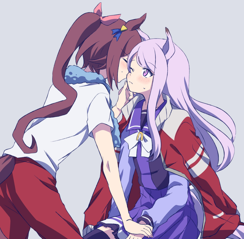 2girls absurdres animal_ears brown_hair cheek_kiss closed_eyes grey_background hair_ribbon highres horse_ears horse_girl horse_tail jacket jacket_on_shoulders kiss long_hair looking_at_another mejiro_mcqueen_(umamusume) mizin_kosutin multiple_girls one_eye_closed pink_ribbon ponytail purpl_eyes purple_hair red_jacket ribbon school_uniform simple_background sitting tail tokai_teio_(umamusume) towel towel_around_neck track_jacket umamusume yuri