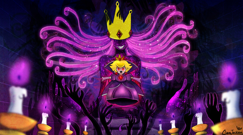 1girl aura blonde_hair candle candlelight candlestand ciara_jackson collared_dress commission crown demon demon_girl diamond_(gemstone) disembodied_limb dress earrings evil_grin evil_smile fangs floating floating_hair glowing glowing_eyes grin hands highres jewelry mario_(series) nintendo no_eyes open_mouth paper_mario paper_mario:_the_thousand_year_door princess_peach purple_hair red_eyes shaded_face shadow_queen signature smile