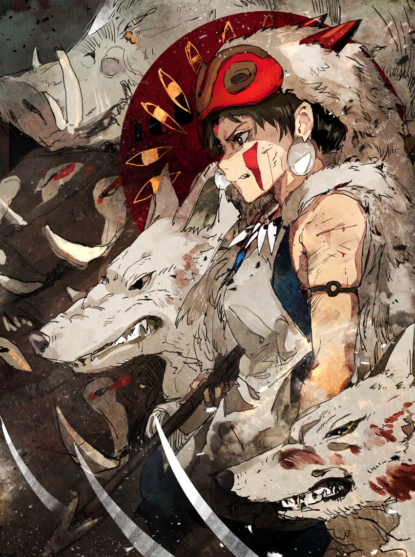 1girl absurdres armband blood boar breasts brown_eyes brown_hair cape clenched_teeth closed_mouth commentary cowboy_shot earrings facepaint facial_mark fang_necklace forehead_mark from_side fur_cape highres hiranko holding holding_spear holding_weapon huge_filesize jewelry mask mask_on_head medium_breasts mononoke_hime necklace okkotonushi polearm profile san scowl short_hair skindentation sleeveless spear teeth tsurime weapon wolf