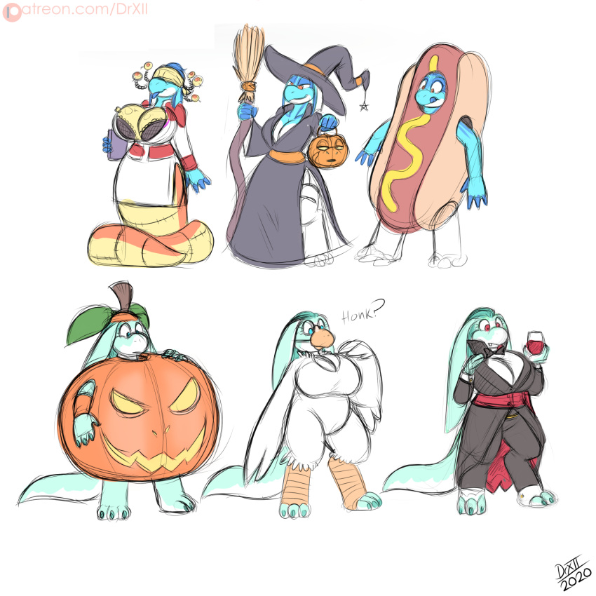 2020 anthro big_breasts blueberry_kobold breasts claws clothed clothing costume digital_media_(artwork) dress_up drxii female gooseberry_kobold halloween halloween_costume hat headgear headwear hi_res holidays huge_breasts kobold kobold_quest magic_user non-mammal_breasts reptile scalie simple_background vampire witch witch_hat