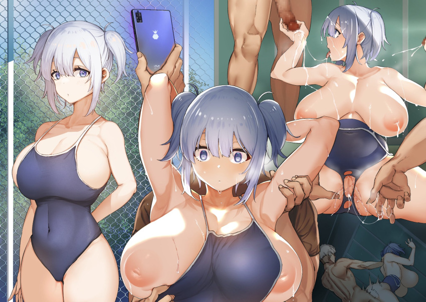 1girl 3boys after_fellatio against_wall arm_behind_back arm_grab arms_behind_head arms_up bangs blue_eyes blue_hair blush breasts breasts_apart breasts_outside brown_shirt cellphone censored cleavage covered_navel cum cum_in_mouth cum_in_pussy cum_on_body cum_on_breasts cum_on_clothes cum_on_hair cum_on_tongue dark dark_skin dark_skinned_male ejaculation facial fence fingering glowing group_sex hand_on_another's_back hand_on_another's_thigh handjob hanging_breasts hetero highres holding_another's_arm huge_breasts inverted_nipples lactation looking_at_another looking_at_viewer looking_up mind_control multiple_boys multiple_penises navel nipple_slip nipples nude one-piece_swimsuit original outdoors penis phone pussy pussy_juice pussy_juice_string rape school_swimsuit sex sex_from_behind shingo. shirt short_hair sideboob sitting skin_tight skindentation smartphone spread_legs standing sweat sweatdrop swimsuit tongue tongue_out torn_clothes two_side_up undressing_another white_hair