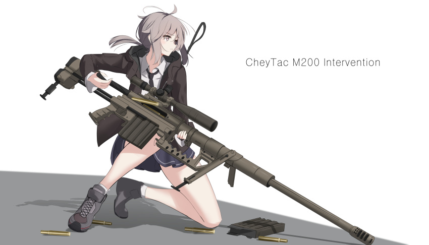 1girl absurdres background_text black_neckwear blue_skirt bolt_action brown_jacket cartridge cheytac_m200 closed_mouth commentary english_text eyebrows_visible_through_hair girls_frontline grey_eyes grey_footwear grey_hair gun highres holding holding_weapon jacket long_hair looking_away m200_(girls_frontline) necktie open_clothes open_jacket rifle rifle_cartridge rynn_(rynn_cube) shirt shoes skirt sneakers sniper_rifle socks solo weapon weapon_name white_background white_shirt