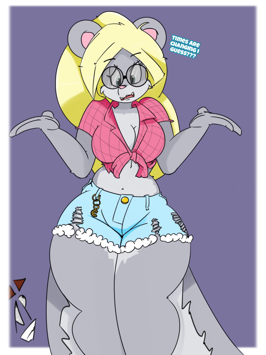 2018 anthro berri big_breasts blonde_hair bottomwear breasts chipmunk cleavage clothed clothing conker's_bad_fur_day curvy_figure cutoffs denim denim_clothing dialogue digital_media_(artwork) english_text eyewear female fingers fur glasses grey_body grey_fur ground_squirrel hair hi_res hourglass_figure huge_breasts inkit89 looking_at_viewer mammal midriff midriff_baring_shirt multicolored_body multicolored_fur rareware rodent sciurid shorts simple_background simple_eyes smile solo talking_to_viewer teeth text thick_thighs tongue video_games voluptuous wide_hips
