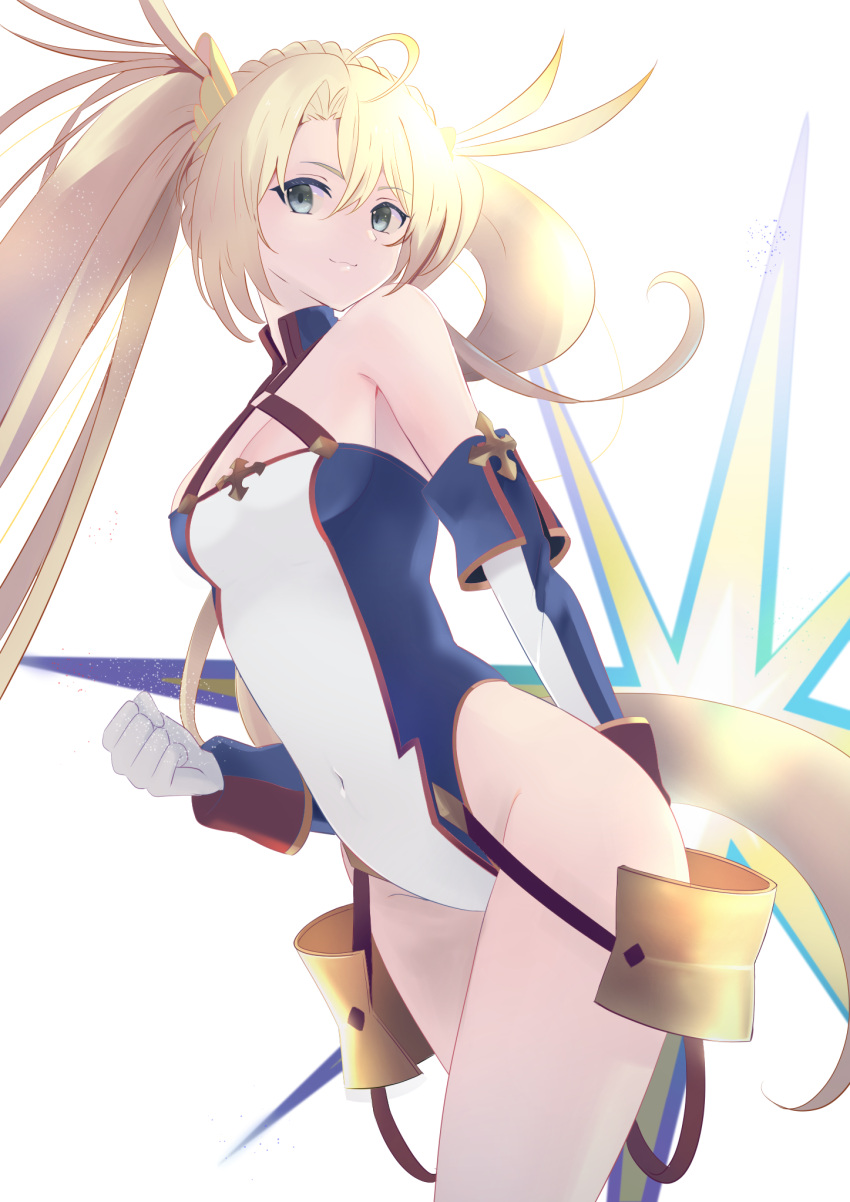 1girl ahoge bangs bare_shoulders blonde_hair blue_eyes blue_gloves blue_leotard bradamante_(fate) braid breasts cleavage commentary_request crown_braid detached_sleeves elbow_gloves energy_barrier energy_shield eyebrows_visible_through_hair fate/grand_order fate_(series) faulds gloves highleg highleg_leotard highres john_manjirou_(love-love-happy21) leotard long_hair looking_at_viewer medium_breasts sidelocks simple_background smile solo thighs twintails two-tone_gloves two-tone_leotard very_long_hair white_background white_gloves white_leotard