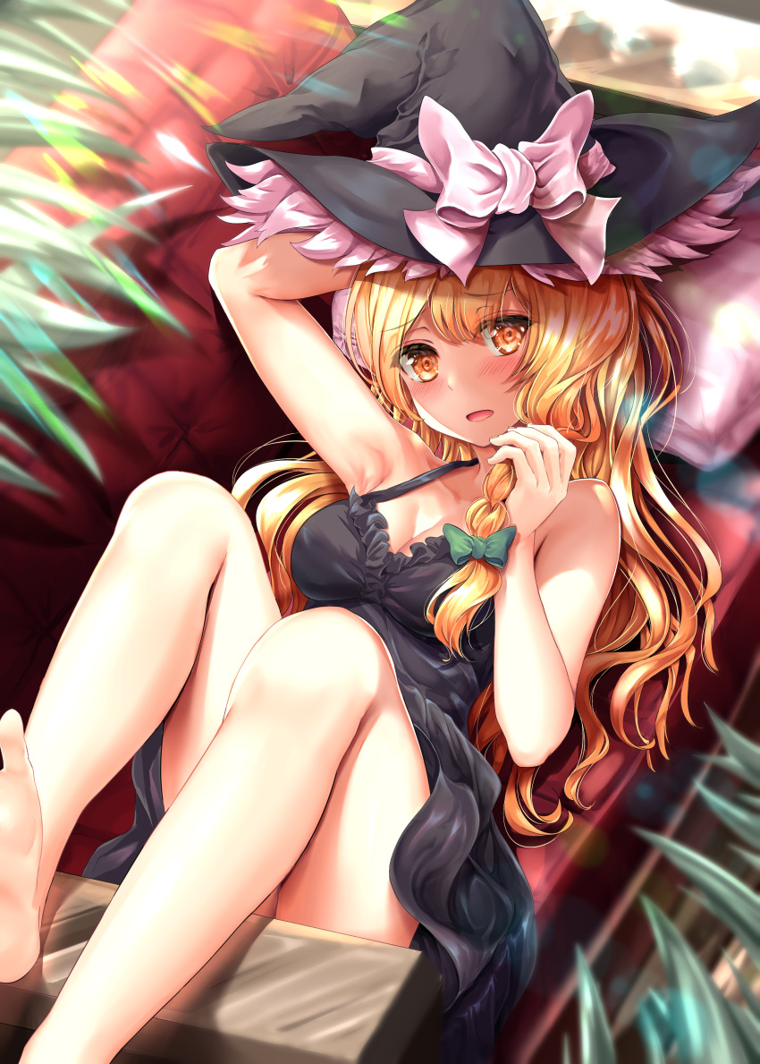 1girl absurdres alternate_costume arm_above_head armpits bare_arms barefoot black_camisole black_headwear blonde_hair blurry blurry_background blush braid breasts camisole cleavage commentary_request couch dress eyebrows_visible_through_hair fern from_above hat hat_ribbon highres holding holding_hair kerotsupii_deisuku kirisame_marisa long_hair looking_at_viewer lying medium_breasts on_back on_couch parted_lips pillow ribbon single_braid sleeveless sleeveless_dress soles solo touhou very_long_hair witch_hat yellow_eyes