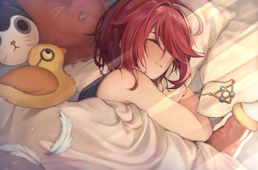 1girl ahoge amanai_daisy ange_katrina bed black_shirt blush closed_eyes commentary feathers hair_between_eyes highres jewelry jewelry_removed light_rays lying necklace necklace_removed nijisanji on_side pillow red_hair sebastian_piyodore shirt short_hair sleeping sleeveless solo stuffed_animal stuffed_toy sunlight under_covers upper_body virtual_youtuber