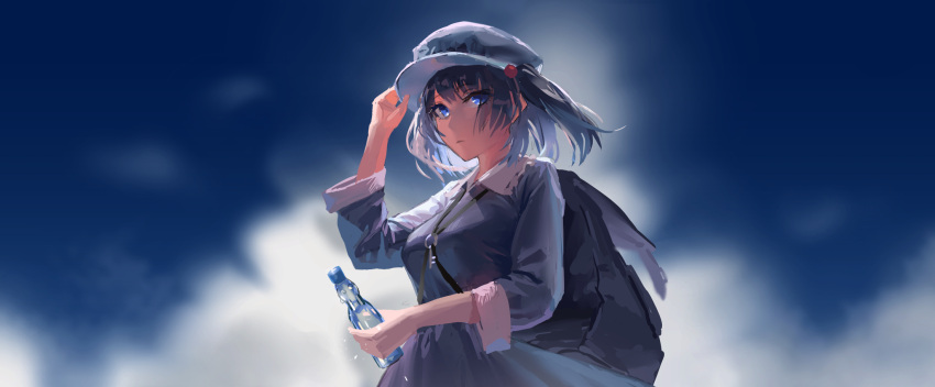 1girl backpack bag bangs blue_dress blue_eyes blue_hair blue_headwear bottle breasts cabbie_hat closed_mouth cloud cloudy_sky day dress eit_(ikeuchi) expressionless eyebrows_visible_through_hair from_below hair_bobbles hair_ornament hand_on_headwear hand_up hat highres holding holding_bottle kawashiro_nitori key long_sleeves looking_at_viewer medium_breasts outdoors short_hair sky sleeves_rolled_up solo touhou two_side_up upper_body