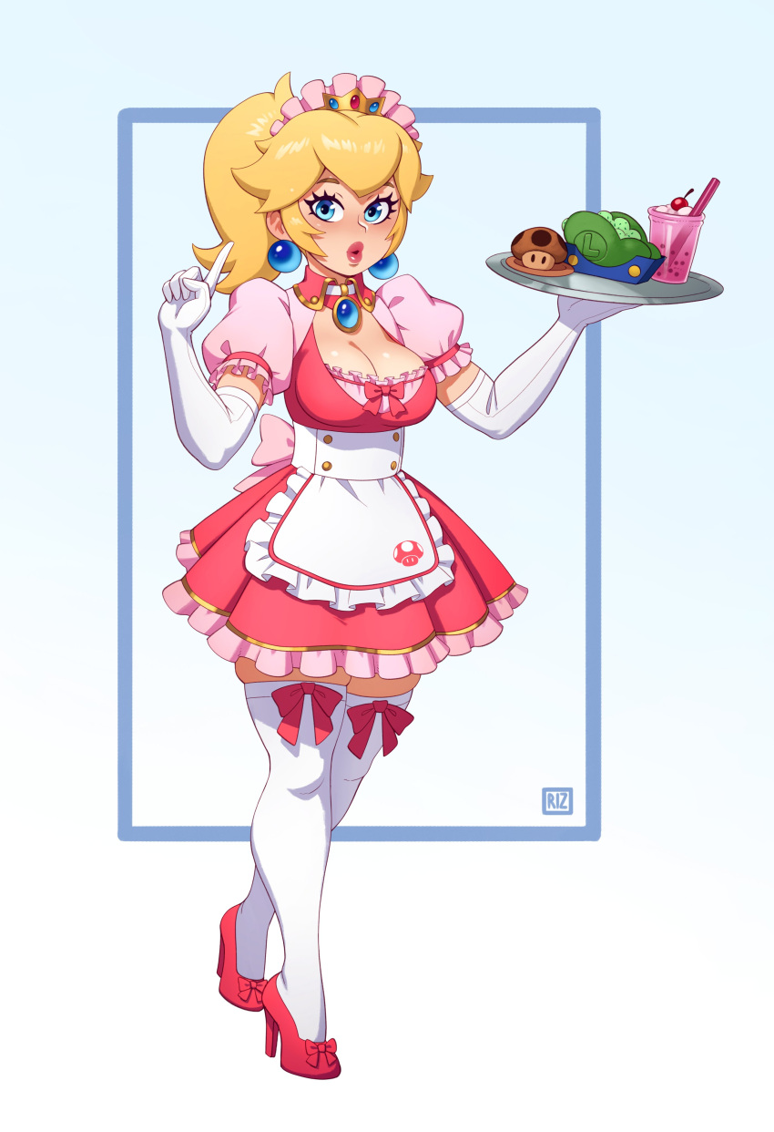 1girl :o absurdres adapted_costume alternate_costume apron blue_eyes breasts brooch bubble_tea cherry cleavage drink drinking_straw elbow_gloves food fruit gem glass gloves high_heels highres jewelry large_breasts lips maid maid_apron maid_headdress mario_(series) pink_footwear ponytail princess_peach riz sauce thighhighs whipped_cream white_gloves white_legwear