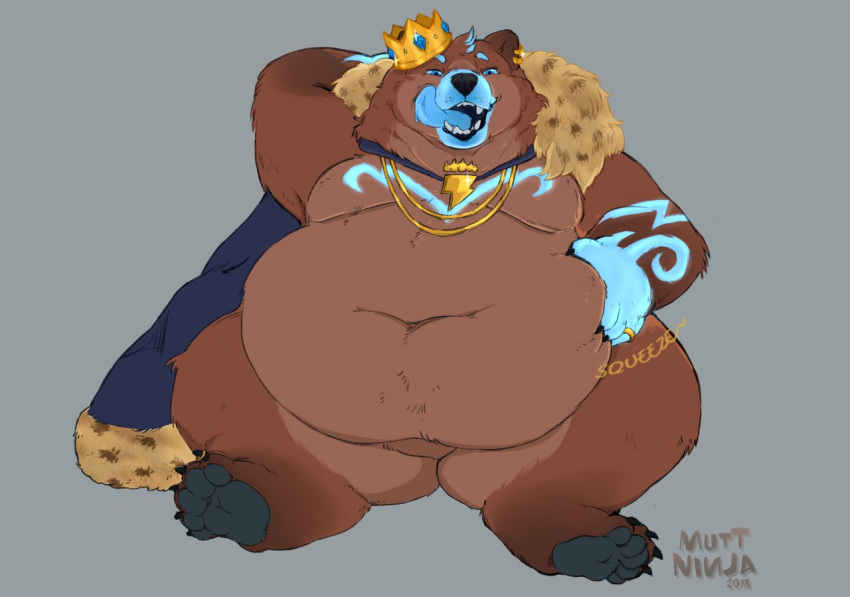 2018 5_fingers 5_toes anthro arm_markings belly big_belly bjorn_(sturattyfur) black_claws blue_body blue_eyes blue_fur blue_markings blue_sclera blue_tongue bodily_fluids brown_bear brown_body brown_fur cape cape_only chest_markings claws clothing crown dated deep_navel digit_ring digital_media_(artwork) druid ear_piercing facial_markings fangs featureless_crotch feet finger_claws fingers front_view fur fur_markings grey_background grizzly_bear hand_behind_back hand_on_stomach head_markings holding_belly huge_thighs inviting jewelry king licking licking_lips licking_own_lips looking_at_viewer magic_user male mammal markings moobs mostly_nude multicolored_body multicolored_fur muttninja narrowed_eyes navel obese obese_anthro obese_male onomatopoeia open_mouth open_smile overweight overweight_anthro overweight_male pawpads piercing ring royalty saliva saliva_string self_lick sharp_teeth signature simple_background smile solo sound_effects squeezing teeth text thick_thighs toe_claws toe_ring toes tongue tongue_out tribal tribal_markings tribal_spellcaster ursid ursine