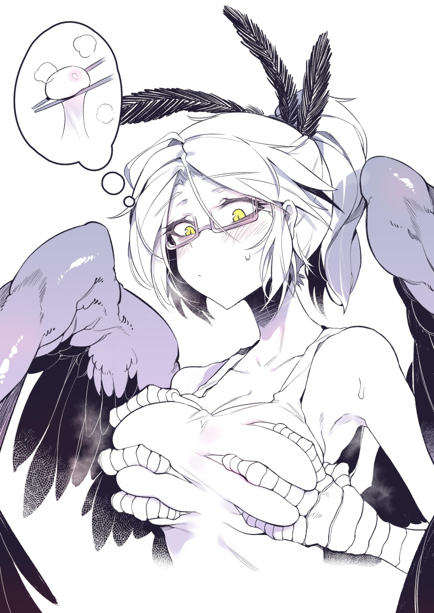 1girl absurdres bare_shoulders black_feathers black_wings breast_grab breasts chopsticks claws cleavage feathered_wings feathers glasses grabbing groping hair_feathers harpy highres karasu_raven medium_breasts mochi monster_girl original ponytail self_fondle semi-rimless_eyewear short_hair simple_background solo spot_color sweat tank_top thought_bubble white_background white_tank_top wings yellow_eyes