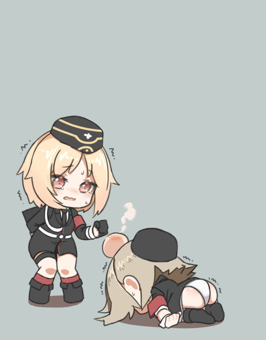 2girls armband blonde_hair blush boots chibi embarrassed full_moon girls_frontline gloves hat head_bump highres military military_hat military_uniform moon mp40_(girls_frontline) mp41_(girls_frontline) multiple_girls necktie panties red_eyes short_hair tearing_up toryu_fufu underwear uniform wavy_mouth white_panties wrist_cuffs