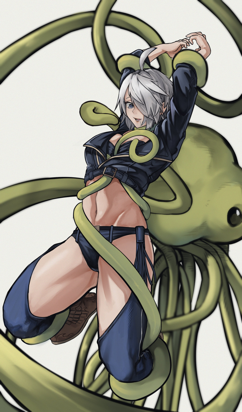 absurdres alien angel_(kof) boots breasts chaps cowboy_boots cropped_jacket fingerless_gloves gloves hair_over_one_eye highres imminent_rape jacket kobi420 large_breasts leather leather_jacket mars_people metal_slug mexican restrained snk tentacles tentacles_under_clothes the_king_of_fighters the_king_of_fighters_xiv toned white_hair