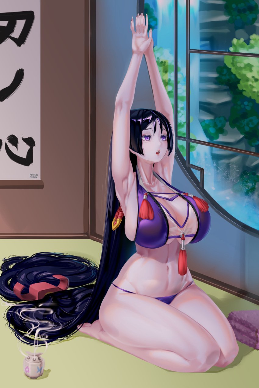 1girl absurdres alternate_costume armpits arms_up azibuda bangs barefoot bikini bikini_top breasts curvy fate/grand_order fate_(series) halterneck highres huge_breasts indoors long_hair low-tied_long_hair minamoto_no_raikou_(fate) navel open_mouth parted_bangs purple_bikini purple_eyes purple_hair sitting stretch swimsuit tassel thick_thighs thighs very_long_hair window