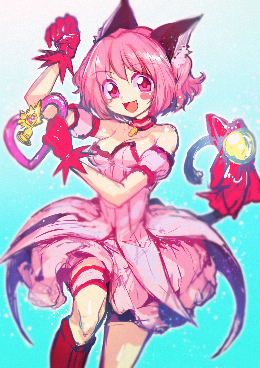 1girl :d absurdres animal_ears blue_background boots breasts cat_ears cat_tail collar dress fang feet_out_of_frame gloves gradient gradient_background highres ifelt_(tamaki_zutama) knee_boots looking_at_viewer mew_ichigo momomiya_ichigo open_mouth pink_eyes pink_hair red_gloves short_hair sleeveless sleeveless_dress small_breasts smile solo tail thigh_strap tokyo_mew_mew