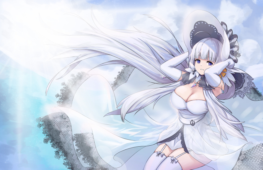 1girl azur_lane black_ribbon breasts cho!cho! cleavage detached_collar dress elbow_gloves garter_straps gloves hair_ribbon hands_on_headwear hat highres illustrious_(azur_lane) lace-trimmed_dress lace_trim large_breasts long_hair looking_at_viewer purple_eyes ribbon sapphire_(gemstone) see-through_dress sleeveless sleeveless_dress solo strapless strapless_dress sun_hat sunlight thighhighs very_long_hair white_dress white_gloves white_hair white_headwear white_legwear