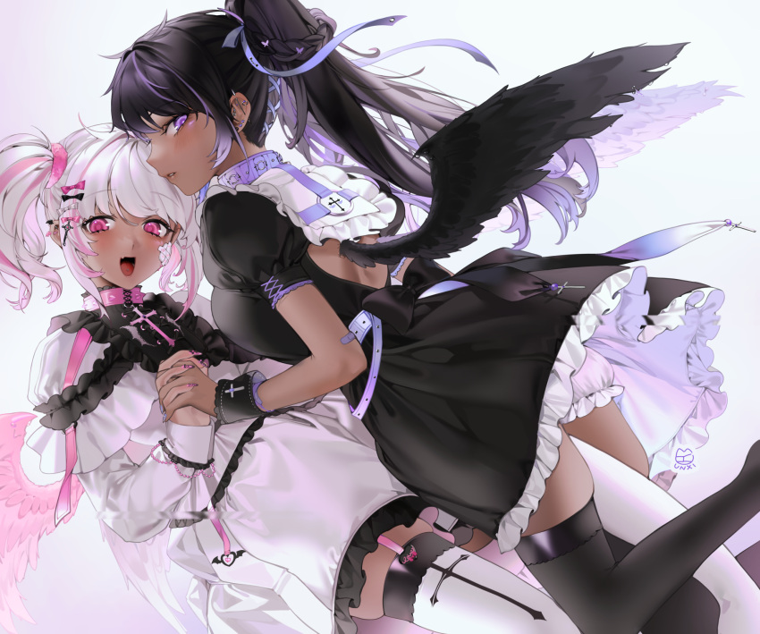 2girls angel_wings back_cutout bandaid bandaid_on_cheek black_bow black_dress black_hair black_legwear black_nails black_wings bloomers bow clothing_cutout collar collared_dress dark_skin dark_skinned_female dress ear_piercing fang frilled_dress frills garter_straps gradient gradient_background highres holding_hands industrial_piercing latin_cross long_hair long_sleeves multicolored_hair multiple_girls nail_art original piercing pink_bow pink_collar pink_eyes pink_hair pink_nails pink_wings puffy_short_sleeves puffy_sleeves purple_collar purple_eyes purple_hair purple_ribbon ribbon short_hair short_sleeves signature simple_background skin_fang skindentation streaked_hair thighhighs tongue_piercing twintails underwear unxi white_dress white_hair white_legwear wings wrist_cuffs