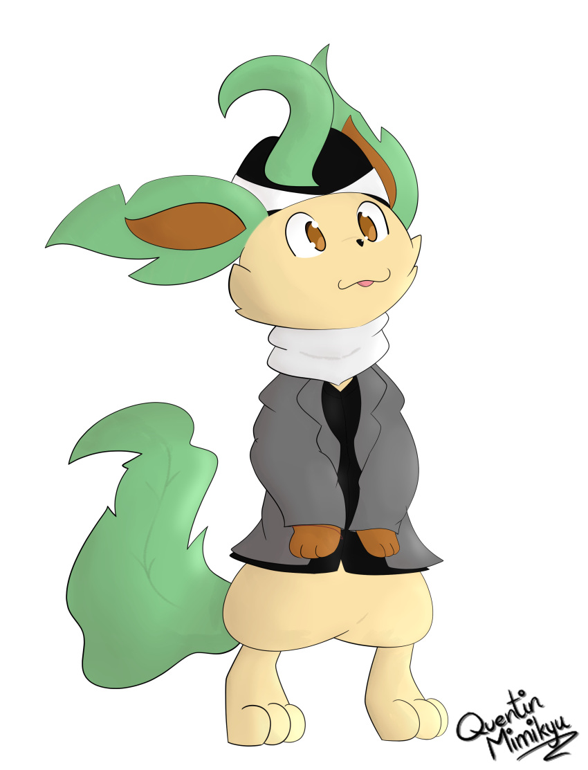 absurd_res blep clothing coat eeveelution hat headgear headwear hi_res leafeon male nintendo pok&eacute;mon pok&eacute;mon_(species) quentinmimikyu solo standing tongue tongue_out topwear trenchcoat video_games