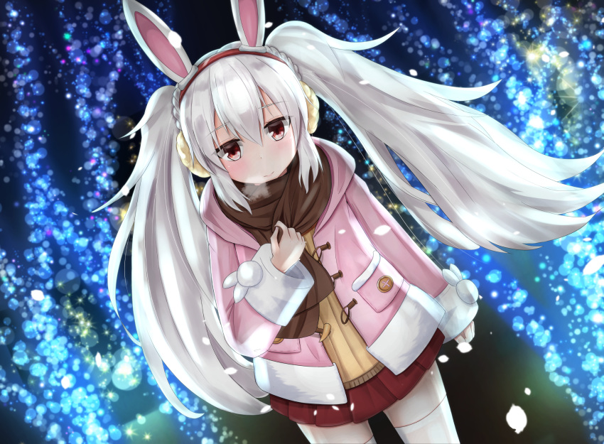 1girl adjusting_scarf akura_scarlet0495 alternate_costume animal_ears azur_lane bangs bunny_ears commentary_request earmuffs eyebrows_visible_through_hair fake_animal_ears highres jacket laffey_(azur_lane) long_hair looking_at_viewer petals pleated_skirt red_eyes red_skirt scarf sidelocks skirt smile solo sweater thighhighs twintails visible_air white_hair zettai_ryouiki