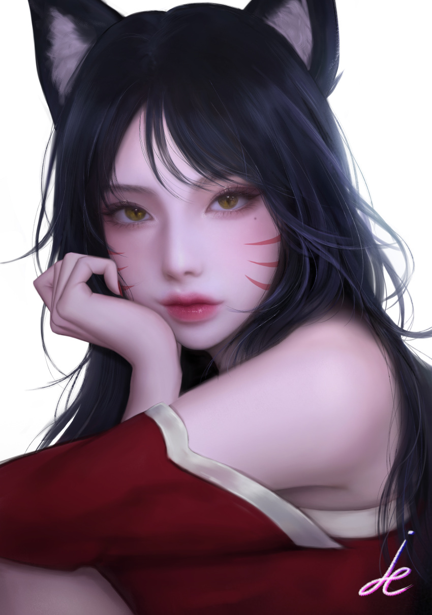 1girl absurdres ahri animal_ears black_hair detached_sleeves facial_mark fox_ears fox_girl highres korean_clothes league_of_legends lips long_hair looking_at_viewer pinker simple_background slit_pupils solo whisker_markings white_background