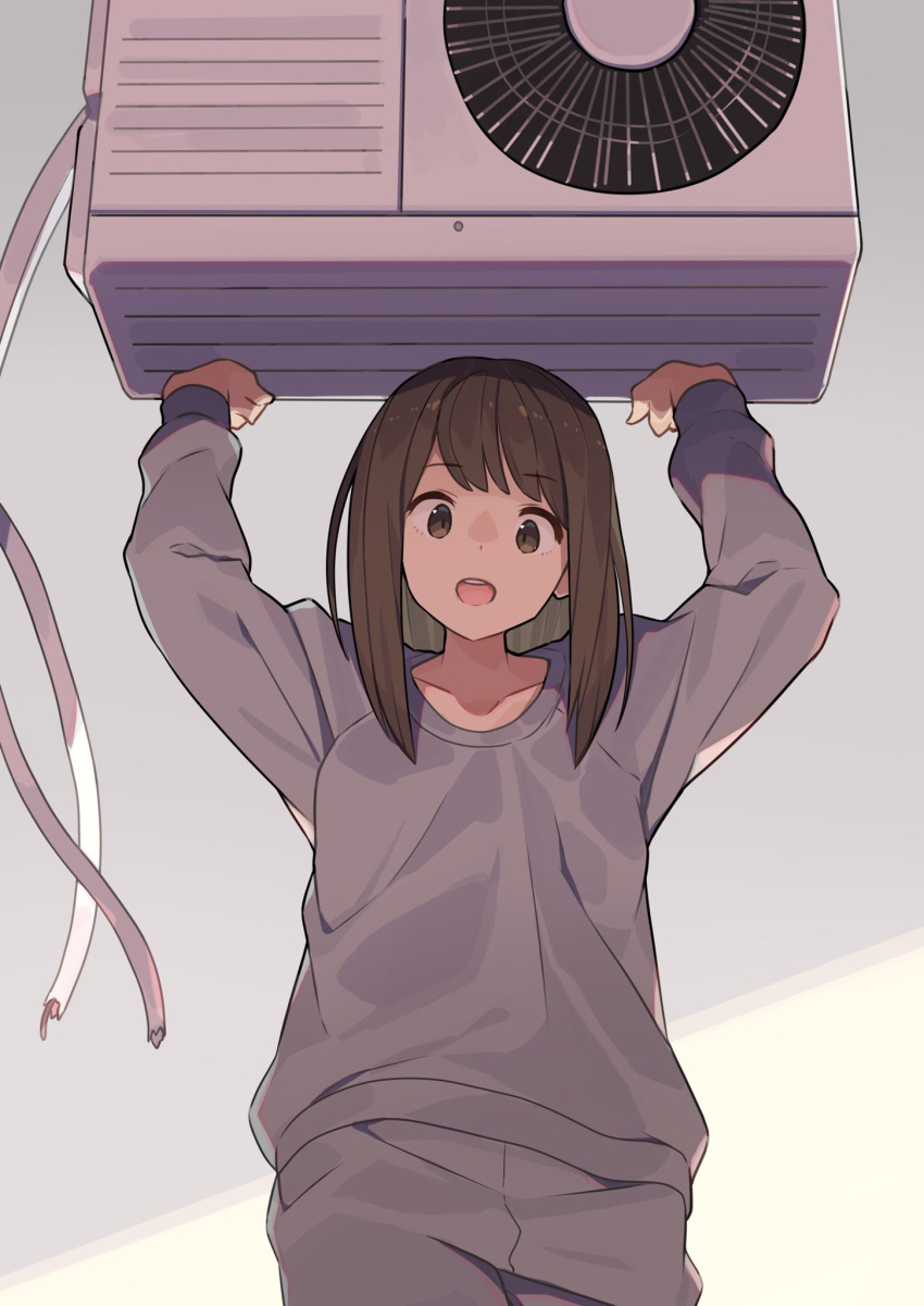 1girl :d air_conditioner arms_up bangs breasts brown_hair evil_smile eyebrows_visible_through_hair highres lifting looking_at_viewer open_mouth original short_hair smile solo tomioka_jirou