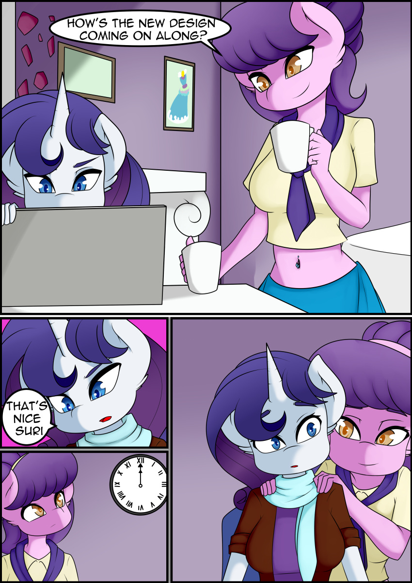 absurd_res anthro anthrofied breasts caoscore comic dialogue duo equid equine female friendship_is_magic hasbro hi_res horn mammal my_little_pony purple_body rarity_(mlp) suri_polomare_(mlp) unicorn white_body