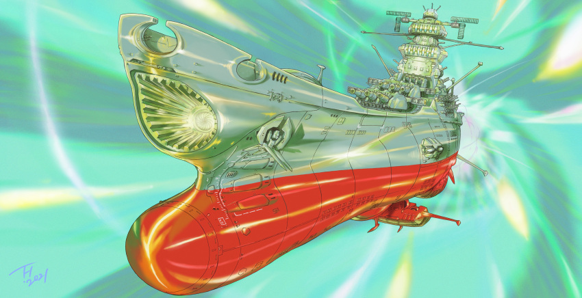 2021 absurdres battleship flying highres huge_filesize kujira_gunsou military military_vehicle no_humans retro_artstyle science_fiction ship space_craft turret uchuu_senkan_yamato vehicle_focus warship watercraft wave_motion_gun yamato_(uchuu_senkan_yamato)